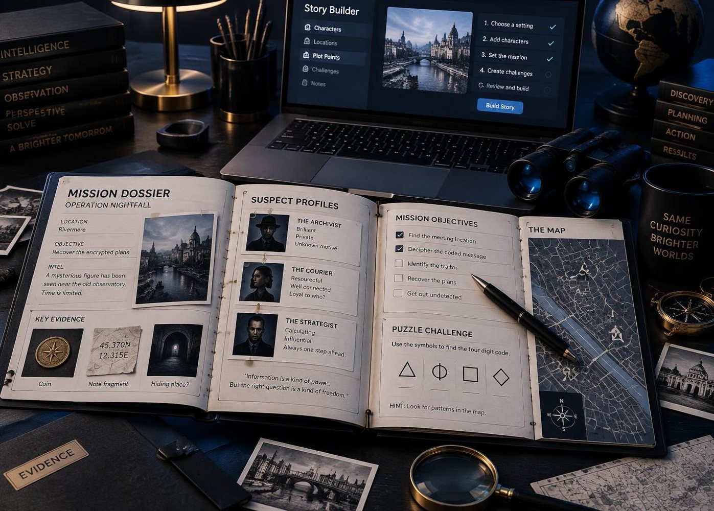 Illustrative spy mission story builder with dossier and puzzle pages