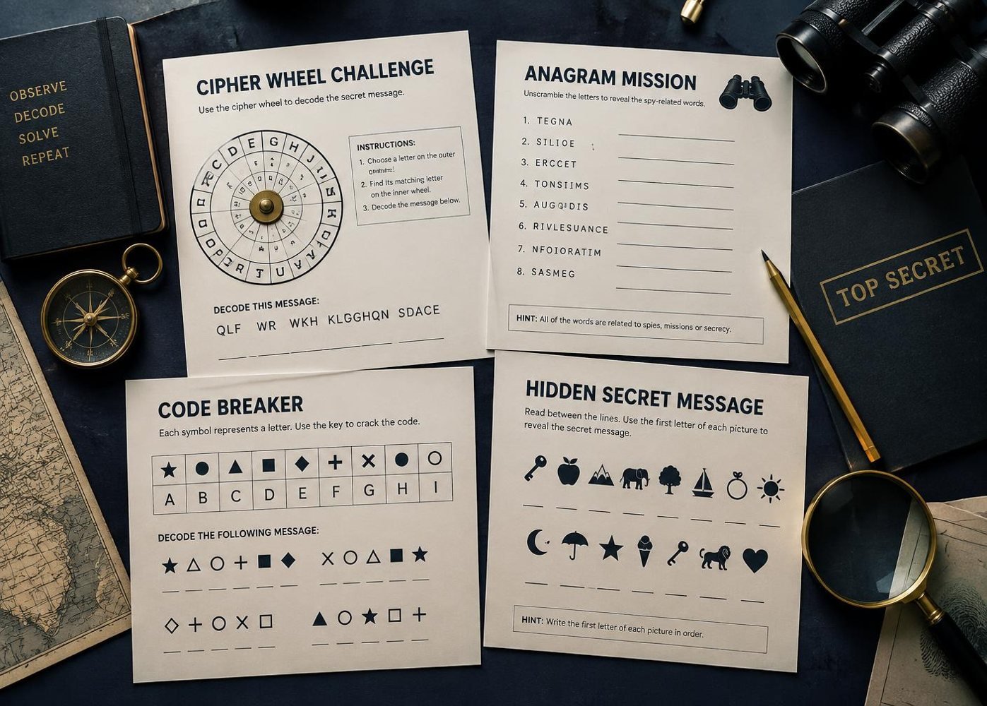The Spy Academy style cipher, anagram, code breaker and secret message puzzle examples